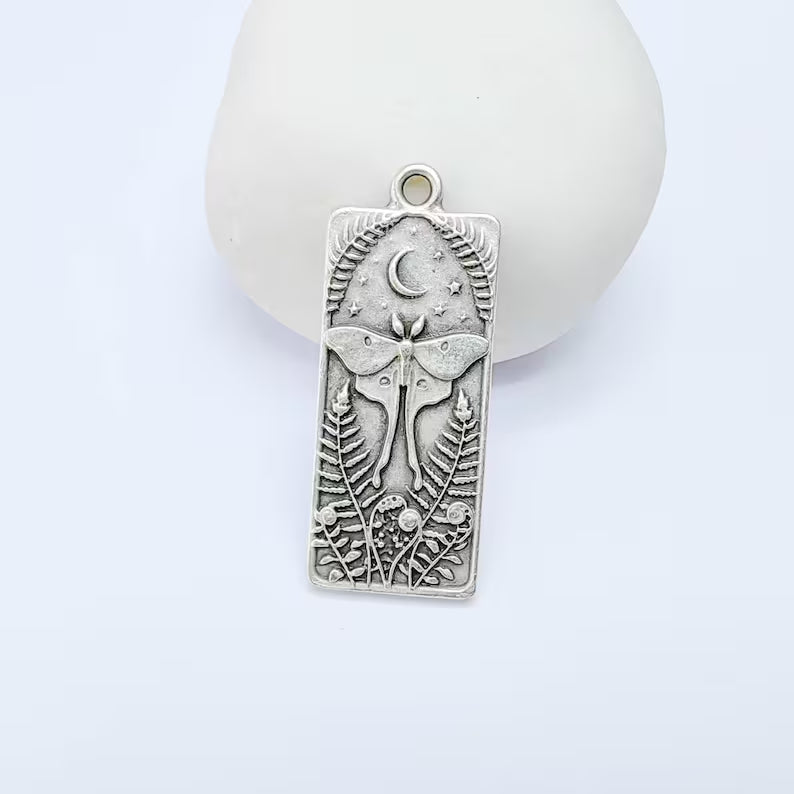 Luna Moth Pendant Charm, Double Sided Nature Design, Antique Silver Plated, 37x15mm, G38122
