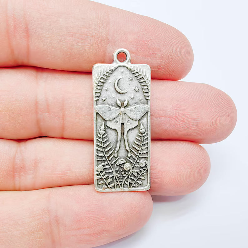 Luna Moth Pendant Charm, Double Sided Nature Design, Antique Silver Plated, 37x15mm, G38122