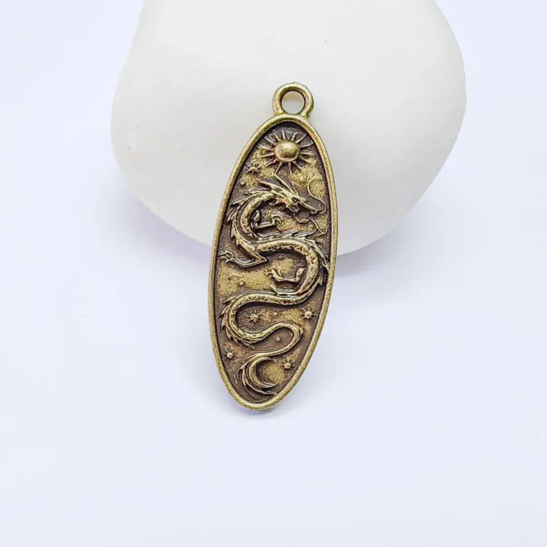 Dragon Oval Charm Pendant, Double Sided Mythical Design, Antique Bronze Plated, 36x13mm, G38123 Bilal