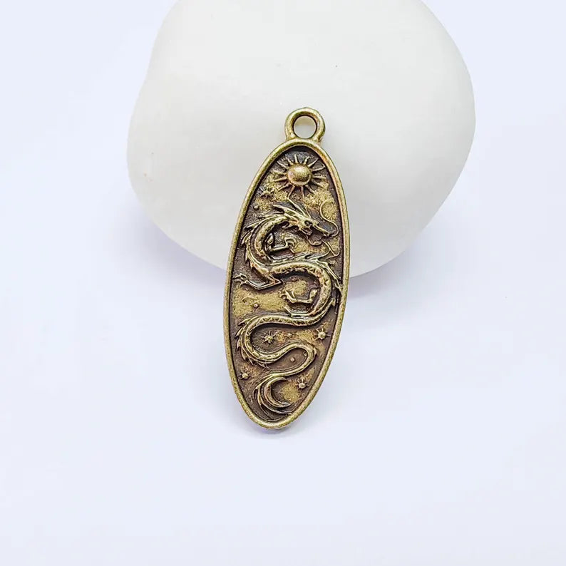 Dragon Oval Charm Pendant, Double Sided Mythical Design, Antique Bronze Plated, 36x13mm, G38123 Bilal