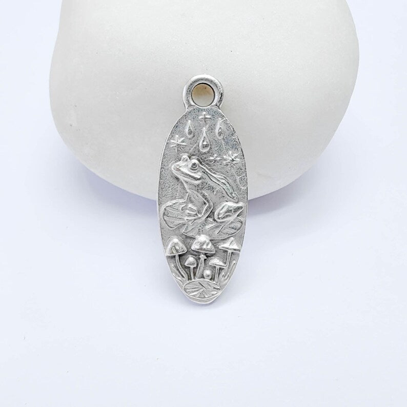 Frog Mushroom Pendant Charm, Double Sided Woodland Design, Antique Silver Plated, 30x12mm, G38124