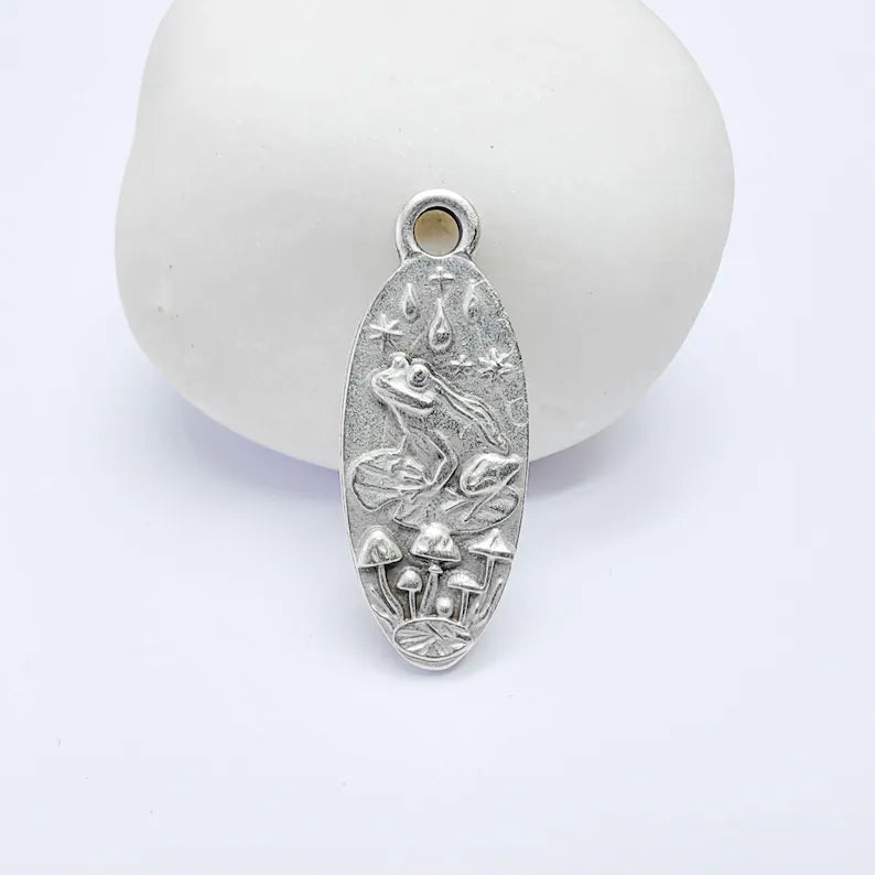 Frog Mushroom Pendant Charm, Double Sided Woodland Design, Antique Silver Plated, 30x12mm, G38124
