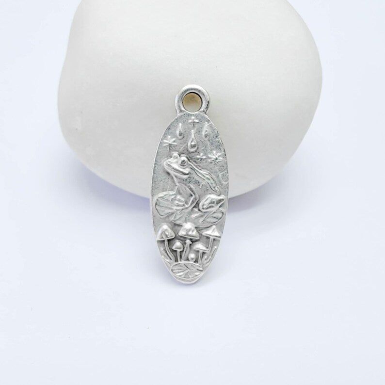 Frog Mushroom Pendant Charm, Double Sided Woodland Design, Antique Silver Plated, 30x12mm, G38124