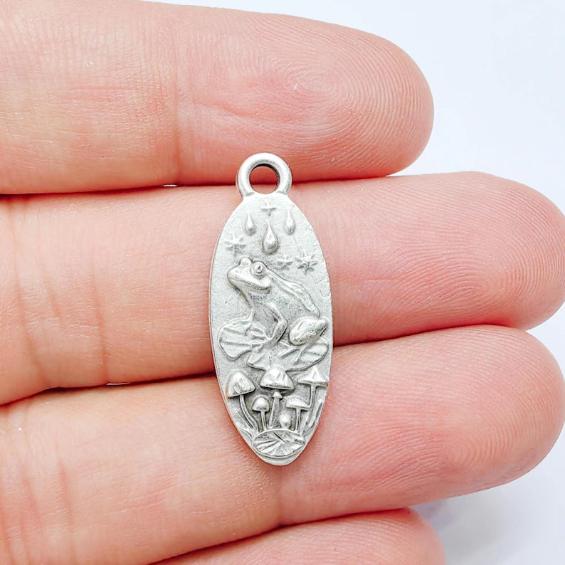 Frog Mushroom Pendant Charm, Double Sided Woodland Design, Antique Silver Plated, 30x12mm, G38124