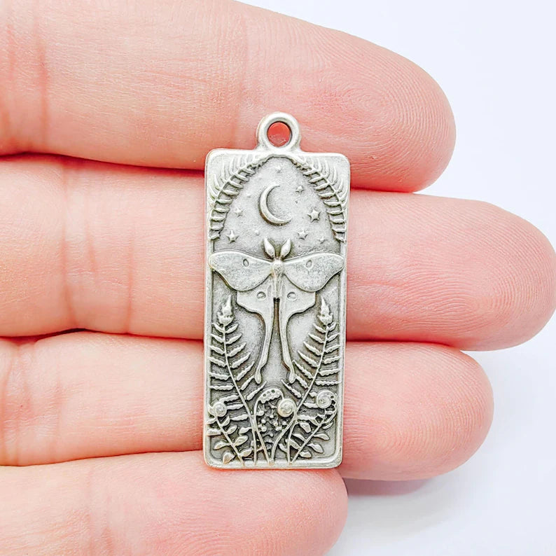 Luna Moth Pendant Charm, Double Sided Nature Design, Antique Silver Plated, 37x15mm, G38122
