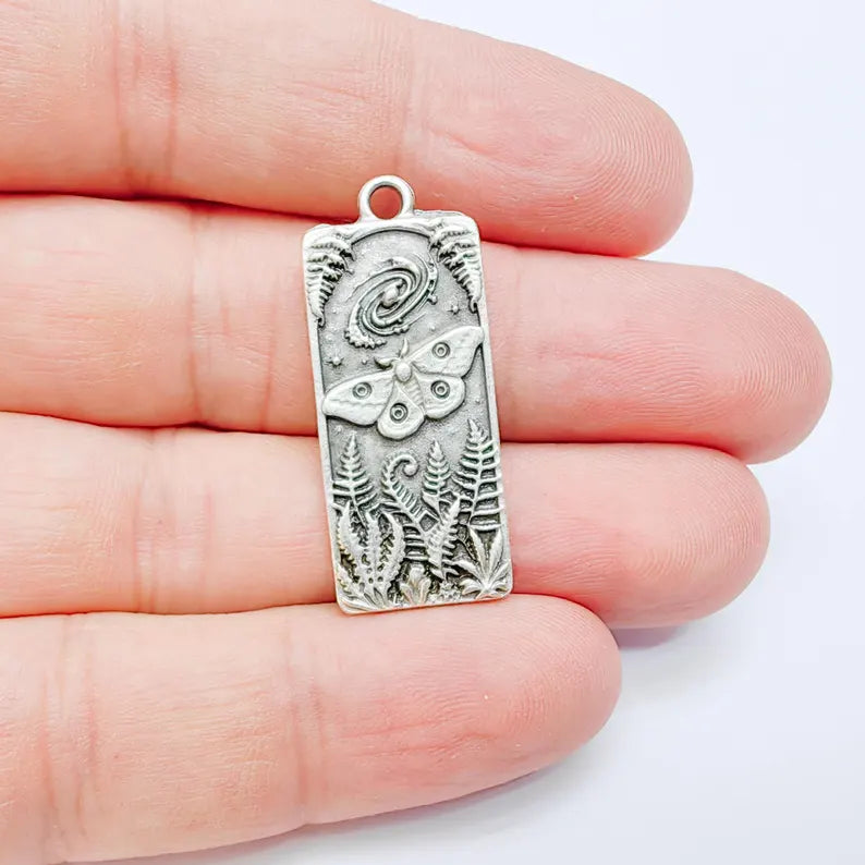 Celestial Moth Pendant Charm, Double Sided Woodland Design, Antique Silver Plated, 35x15mm, G38128