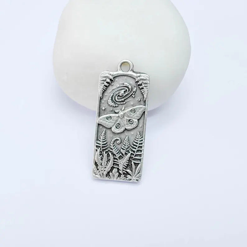 Celestial Moth Pendant Charm, Double Sided Woodland Design, Antique Silver Plated, 35x15mm, G38128