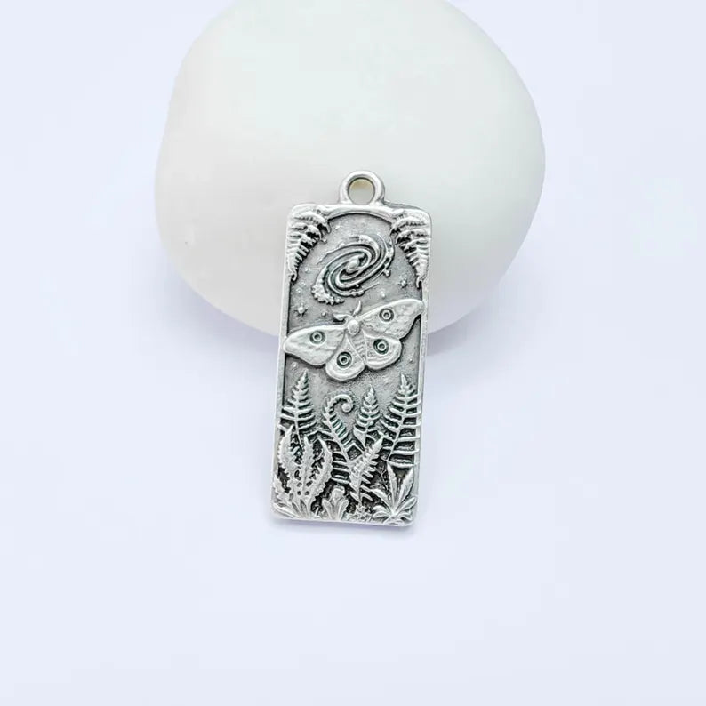 Celestial Moth Pendant Charm, Double Sided Woodland Design, Antique Silver Plated, 35x15mm, G38128