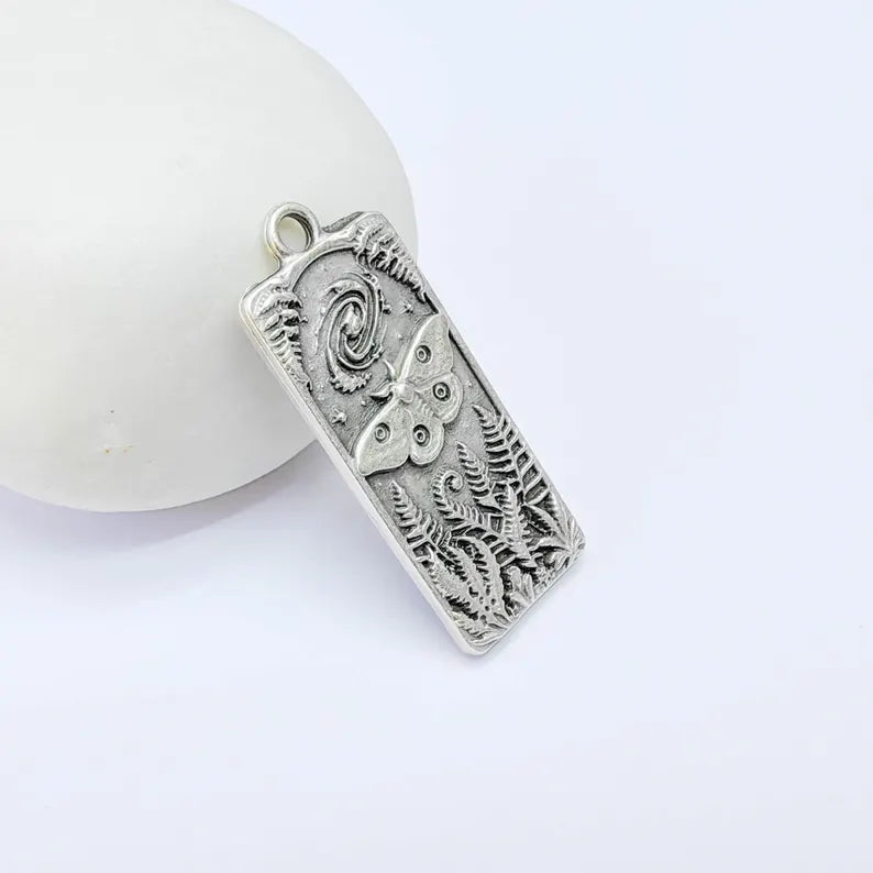 Celestial Moth Pendant Charm, Double Sided Woodland Design, Antique Silver Plated, 35x15mm, G38128