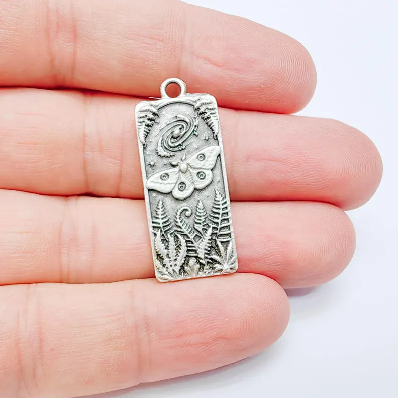 Celestial Moth Pendant Charm, Double Sided Woodland Design, Antique Silver Plated, 35x15mm, G38128