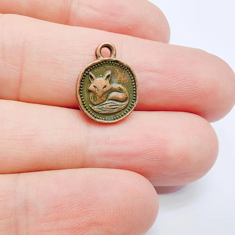 4 Fox Round Charm Pendant, Double Sided Woodland Design, Antique Copper Plated, 16x13mm, G38129 Bilal