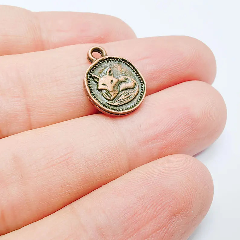 4 Fox Round Charm Pendant, Double Sided Woodland Design, Antique Copper Plated, 16x13mm, G38129 Bilal