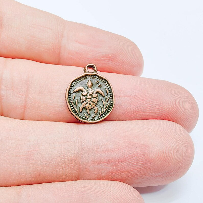 4 Sea Turtle Round Charm Pendant, Double Sided Ocean Design, Antique Copper Plated, 16x13mm, G38131 Bilal