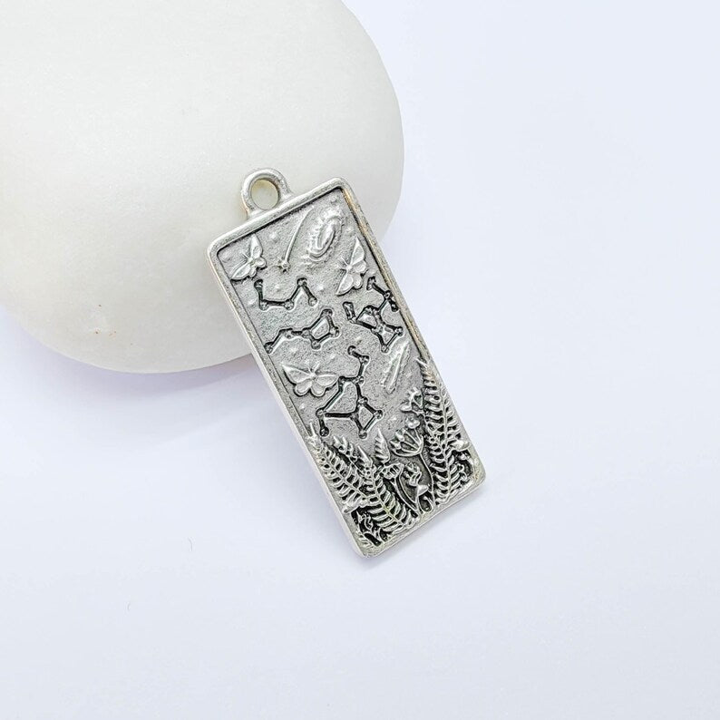 Celestial Constellation Moth Butterfly Pendant Charm, Double Sided Nature, Antique Silver Plated, 37x15mm, G38134