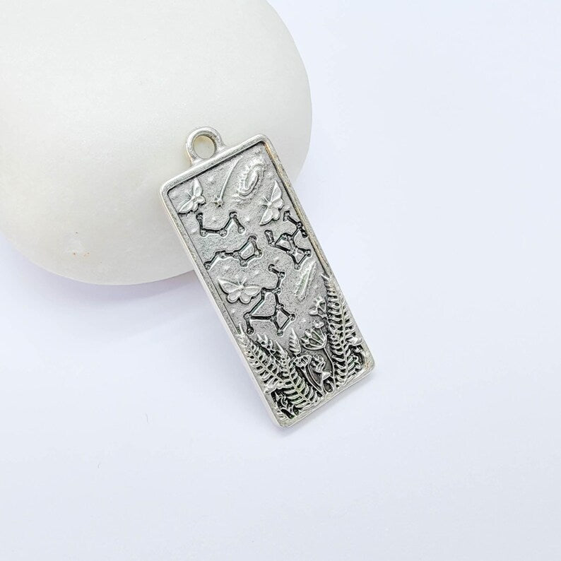 Celestial Constellation Moth Butterfly Pendant Charm, Double Sided Nature, Antique Silver Plated, 37x15mm, G38134