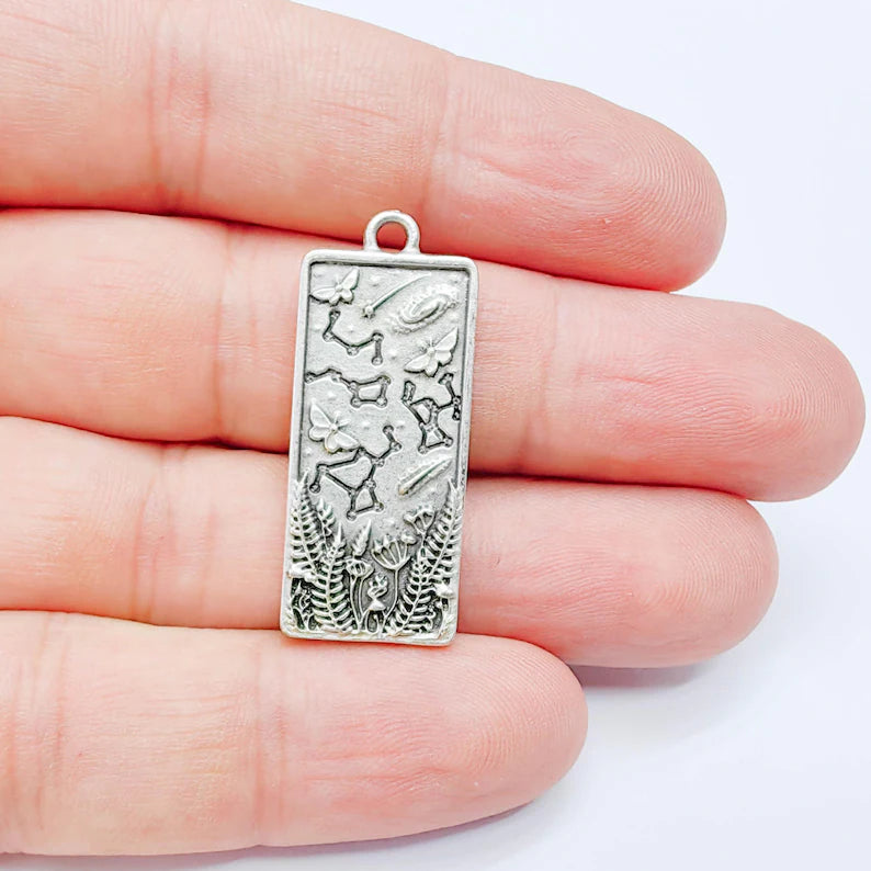 Celestial Constellation Moth Butterfly Pendant Charm, Double Sided Nature, Antique Silver Plated, 37x15mm, G38134