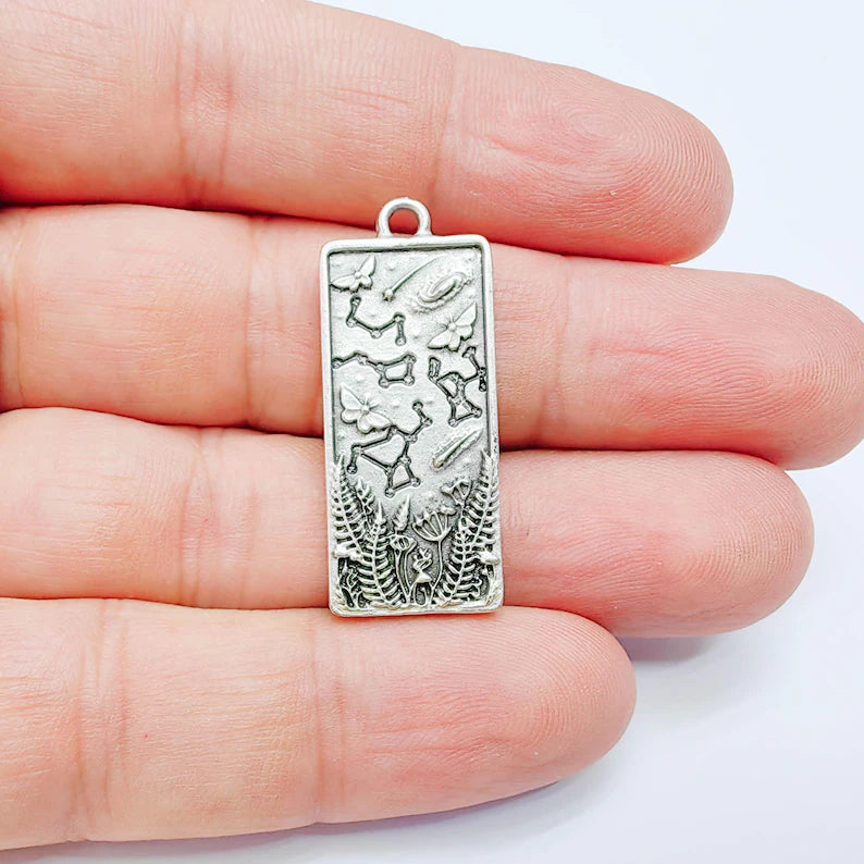 Celestial Constellation Moth Butterfly Pendant Charm, Double Sided Nature, Antique Silver Plated, 37x15mm, G38134