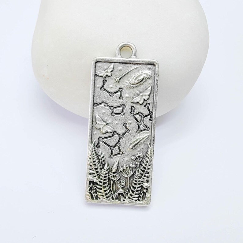 Celestial Constellation Moth Butterfly Pendant Charm, Double Sided Nature, Antique Silver Plated, 37x15mm, G38134