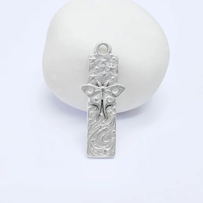 Celestial Moth Pendant Charm, Double Sided Nature Design, Antique Silver Plated, 35x14mm, G38136