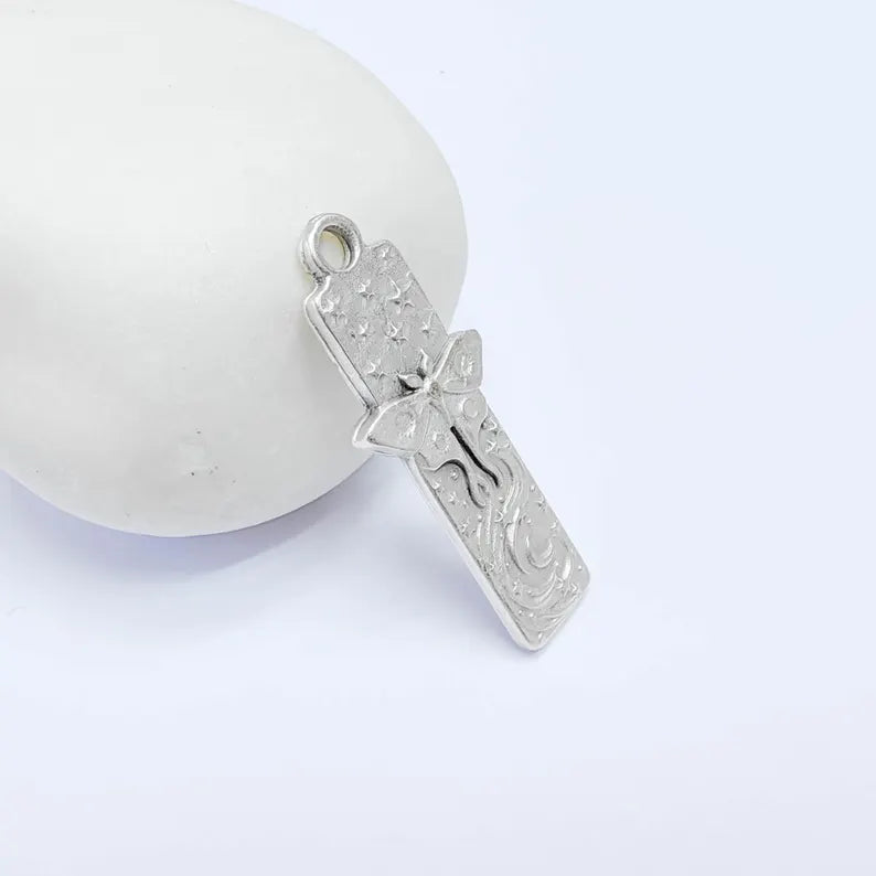 Celestial Moth Pendant Charm, Double Sided Nature Design, Antique Silver Plated, 35x14mm, G38136
