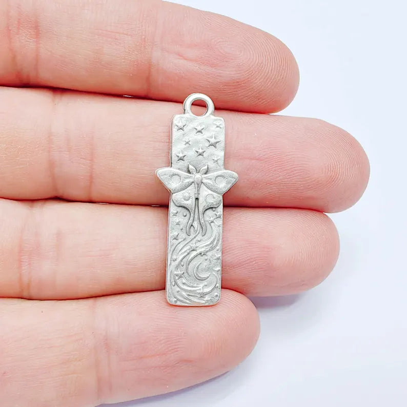Celestial Moth Pendant Charm, Double Sided Nature Design, Antique Silver Plated, 35x14mm, G38136