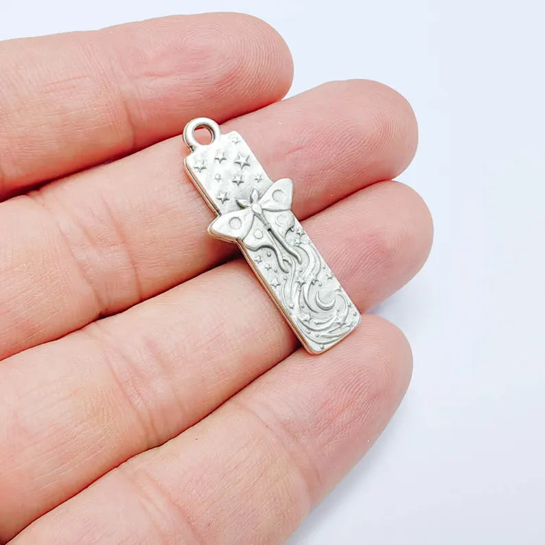 Celestial Moth Pendant Charm, Double Sided Nature Design, Antique Silver Plated, 35x14mm, G38136