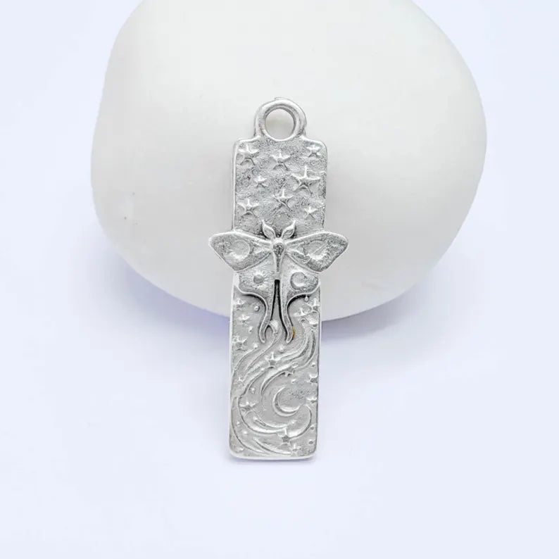 Celestial Moth Pendant Charm, Double Sided Nature Design, Antique Silver Plated, 35x14mm, G38136