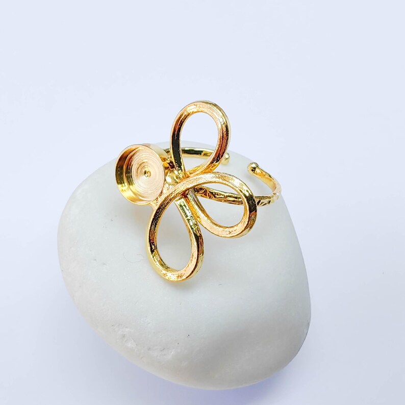 Floral Bezel Adjustable Ring, 8mm Setting, 24K Gold Color Brass Ring Blank, G38141