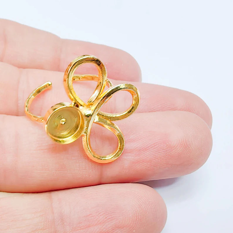 Floral Bezel Adjustable Ring, 8mm Setting, 24K Gold Color Brass Ring Blank, G38141
