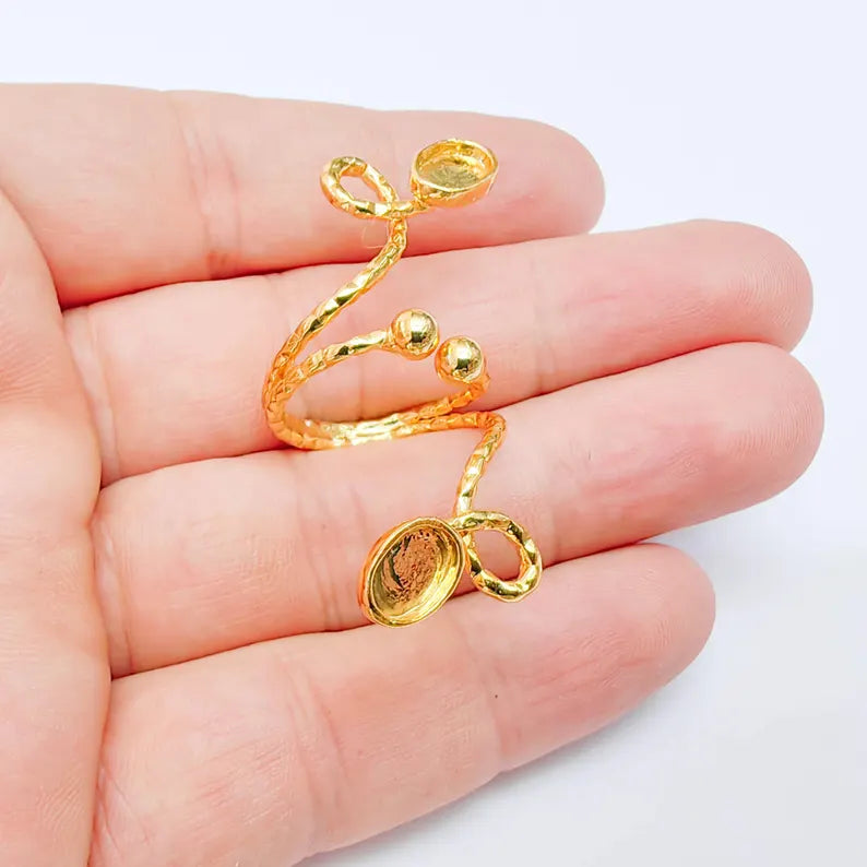 Double Oval Bezel Adjustable Ring, 8x6mm Settings, 24K Gold Color Brass Ring Blank, G38144