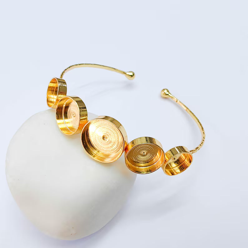 Multi Bezel Cuff Bracelet Base, Adjustable Round Settings 14mm 12mm 10mm, 24K Gold Color, G38145