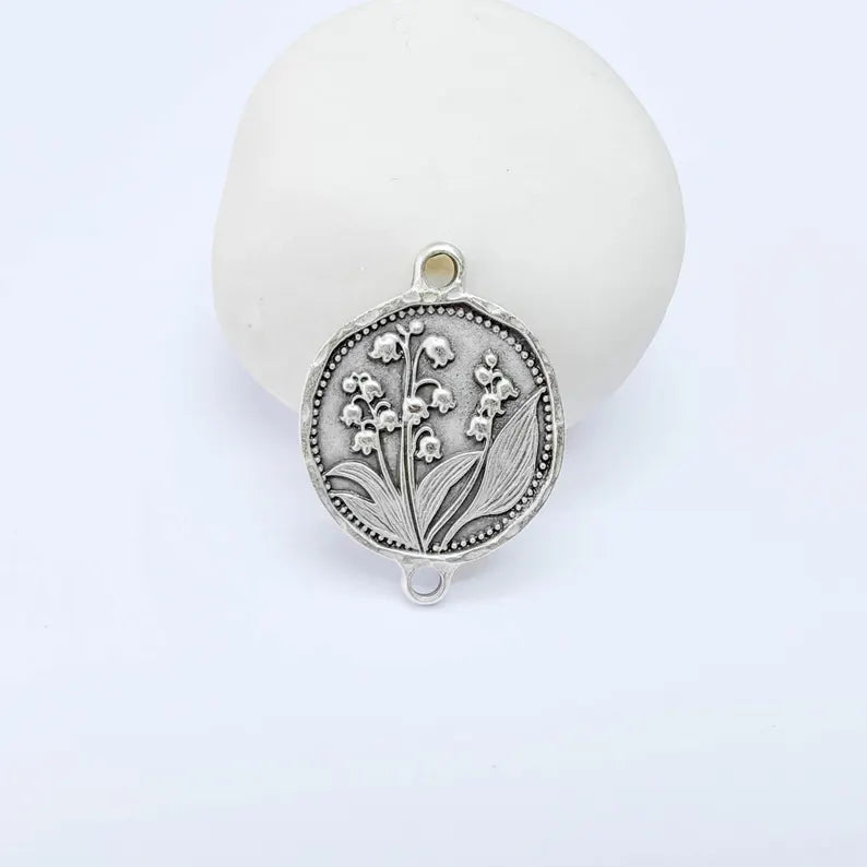 Lily of the Valley Connector Charm, Botanical Flower Design, Antique Silver Plated, Oval Shape, 31x23mm, G38155