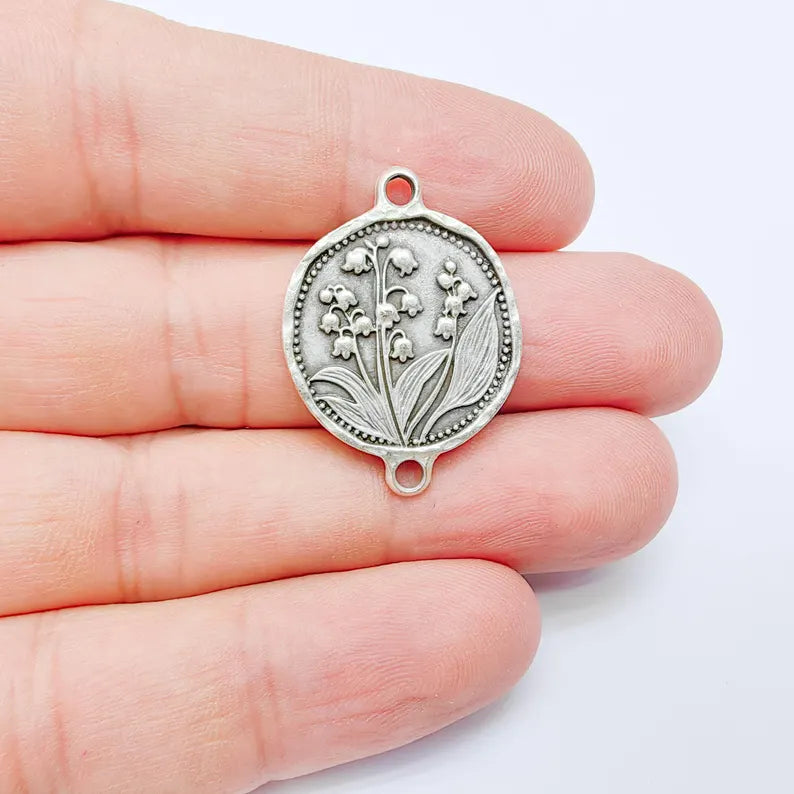 Lily of the Valley Connector Charm, Botanical Flower Design, Antique Silver Plated, Oval Shape, 31x23mm, G38155