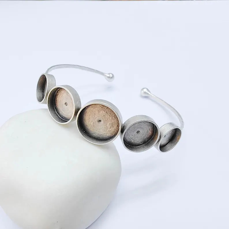 Multi Bezel Cuff Bracelet Blank, Adjustable 14mm, 12mm & 10mm Round Settings, Antique Silver Brass, G38158