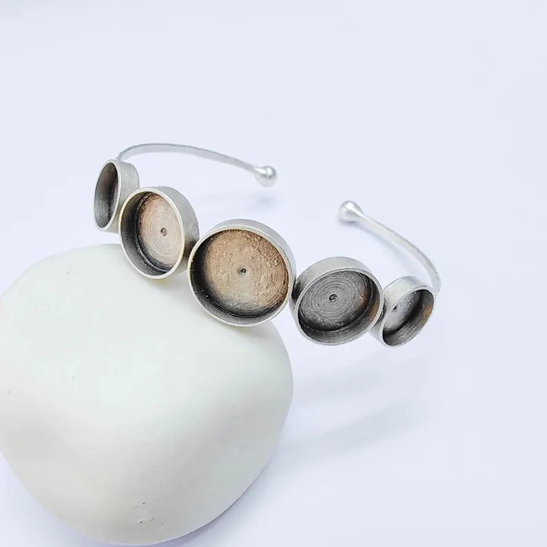 Multi Bezel Cuff Bracelet Blank, Adjustable 14mm, 12mm & 10mm Round Settings, Antique Silver Brass, G38158