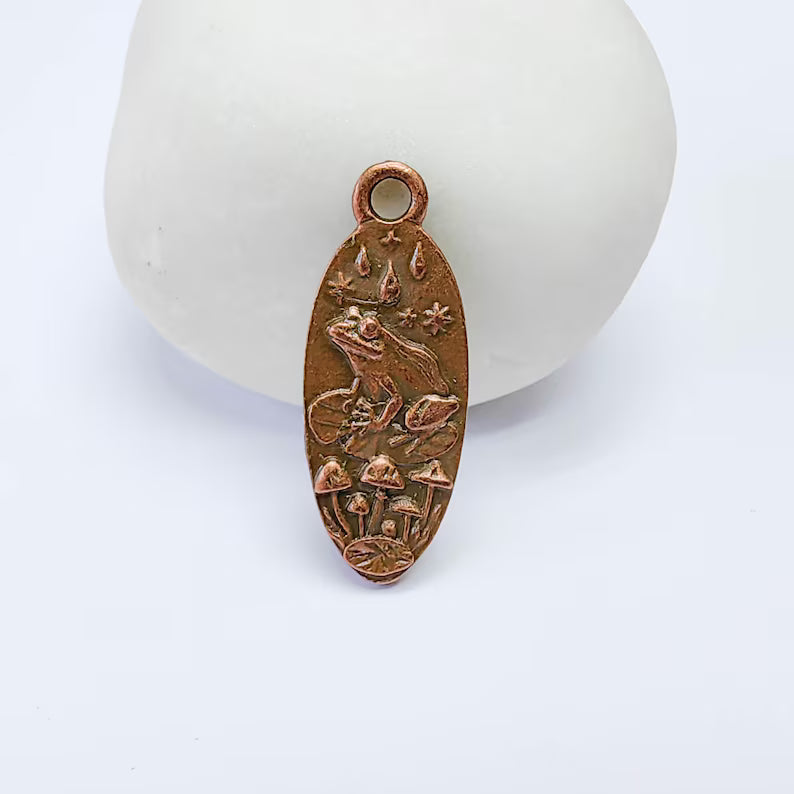 Frog Mushroom Pendant Charm, Double Sided Woodland Design, Antique Copper Plated, 30x12mm, G38162