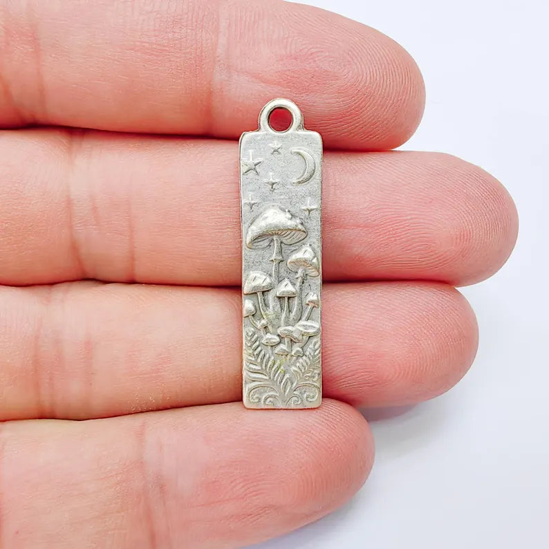 Celestial Mushroom Pendant Charm, Double Sided Woodland Design, Antique Silver Plated, 37x9mm, G38163