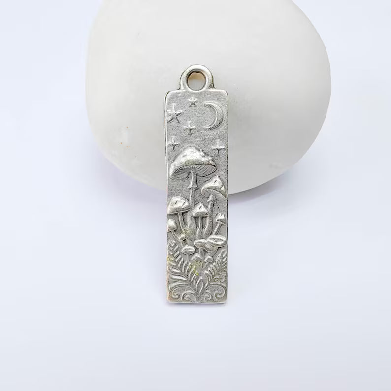 Celestial Mushroom Pendant Charm, Double Sided Woodland Design, Antique Silver Plated, 37x9mm, G38163