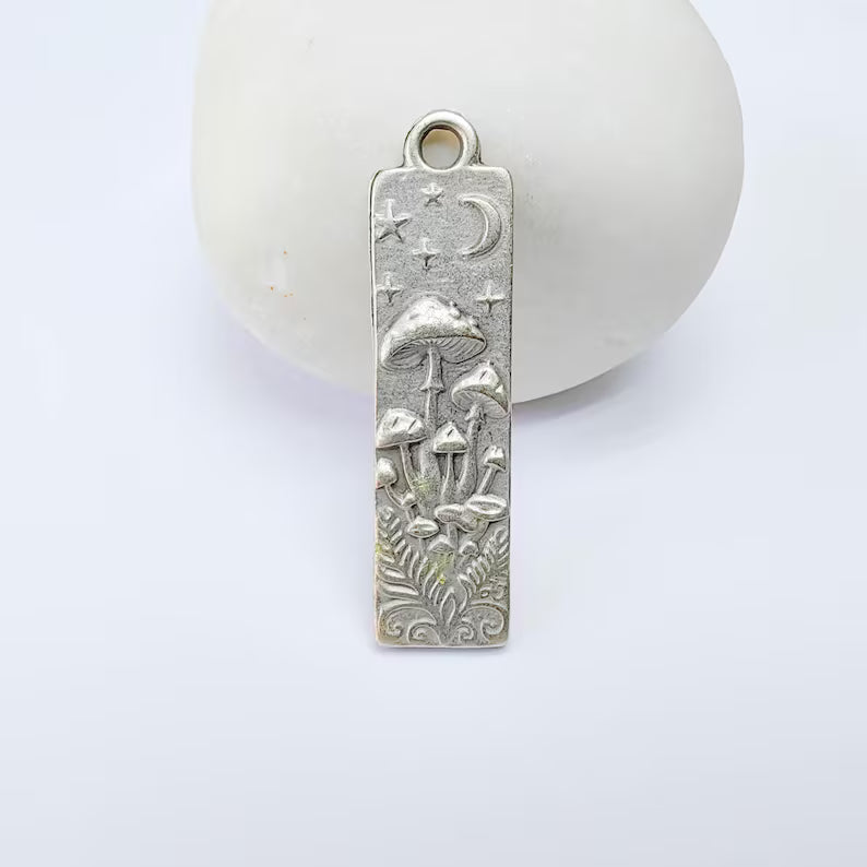 Celestial Mushroom Pendant Charm, Double Sided Woodland Design, Antique Silver Plated, 37x9mm, G38163