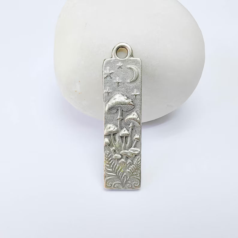 Celestial Mushroom Pendant Charm, Double Sided Woodland Design, Antique Silver Plated, 37x9mm, G38163