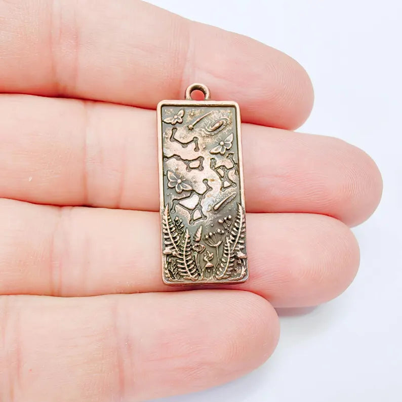 Celestial Constellation Moth Butterfly Pendant Charm, Double Sided Nature, Antique Copper Plated, 36x15mm, G38165