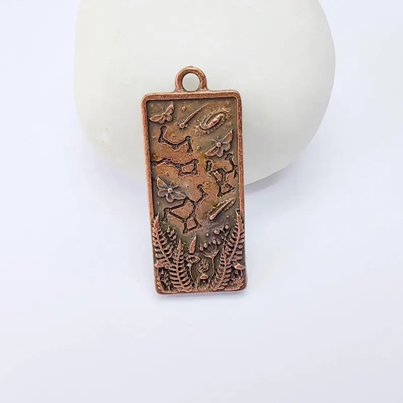 Celestial Constellation Moth Butterfly Pendant Charm, Double Sided Nature, Antique Copper Plated, 36x15mm, G38165