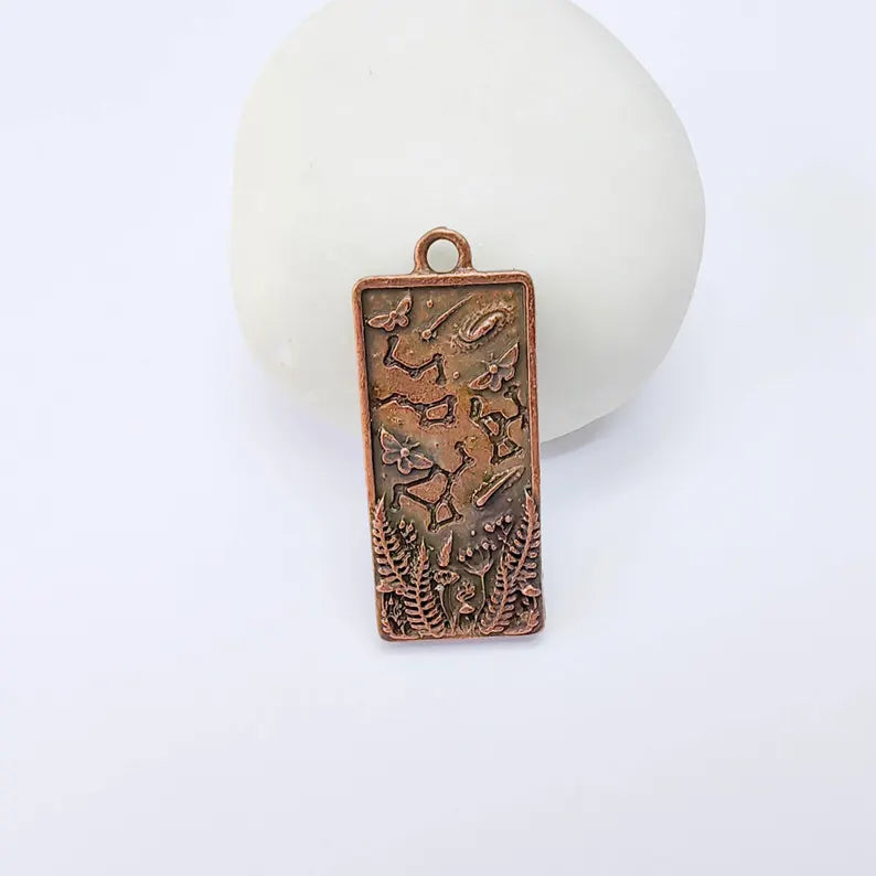 Celestial Constellation Moth Butterfly Pendant Charm, Double Sided Nature, Antique Copper Plated, 36x15mm, G38165
