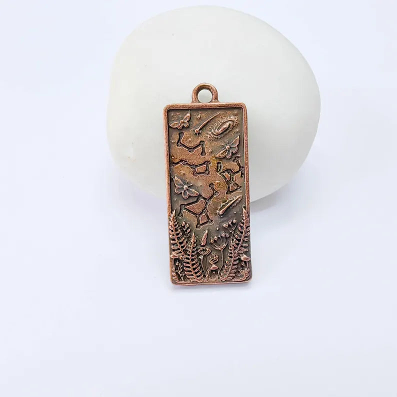 Celestial Constellation Moth Butterfly Pendant Charm, Double Sided Nature, Antique Copper Plated, 36x15mm, G38165
