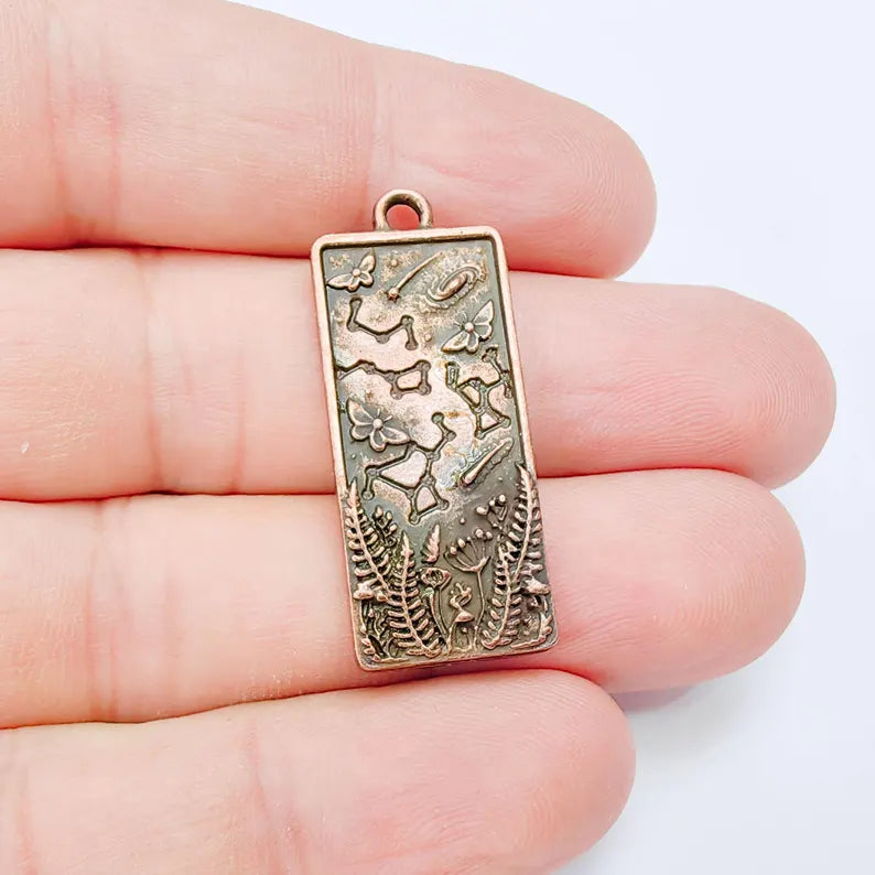 Celestial Constellation Moth Butterfly Pendant Charm, Double Sided Nature, Antique Copper Plated, 36x15mm, G38165