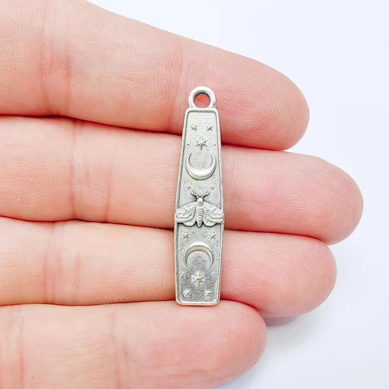 Luna Moth Charm Pendant, Double Sided Celestial Moon and Stars, 39x9mm, Antique Silver Plated G38166