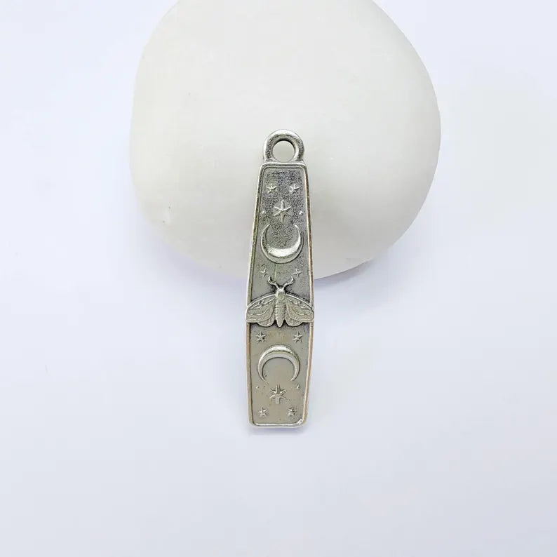 Luna Moth Charm Pendant, Double Sided Celestial Moon and Stars, 39x9mm, Antique Silver Plated G38166