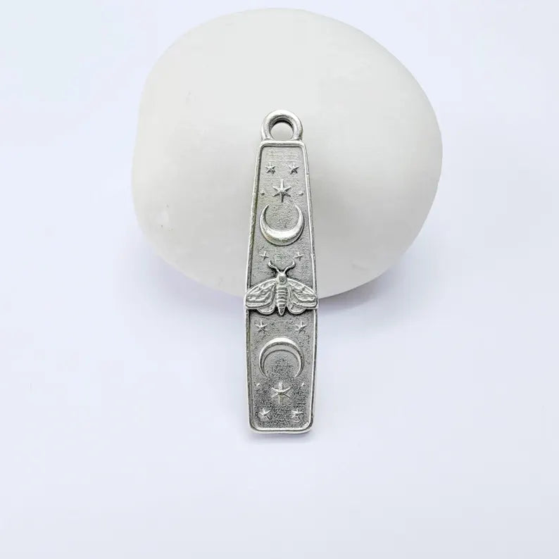 Luna Moth Charm Pendant, Double Sided Celestial Moon and Stars, 39x9mm, Antique Silver Plated G38166