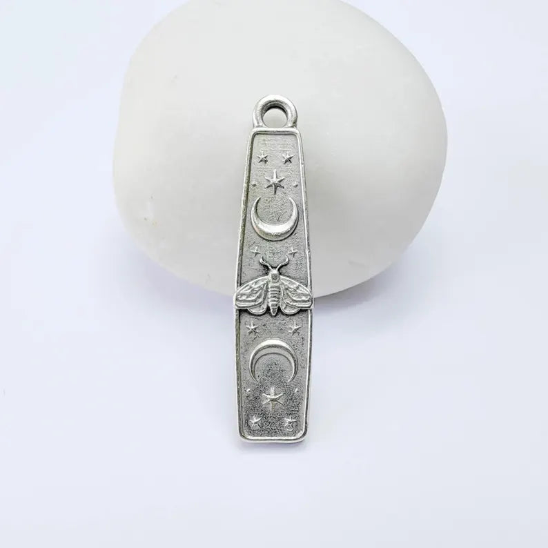 Luna Moth Charm Pendant, Double Sided Celestial Moon and Stars, 39x9mm, Antique Silver Plated G38166