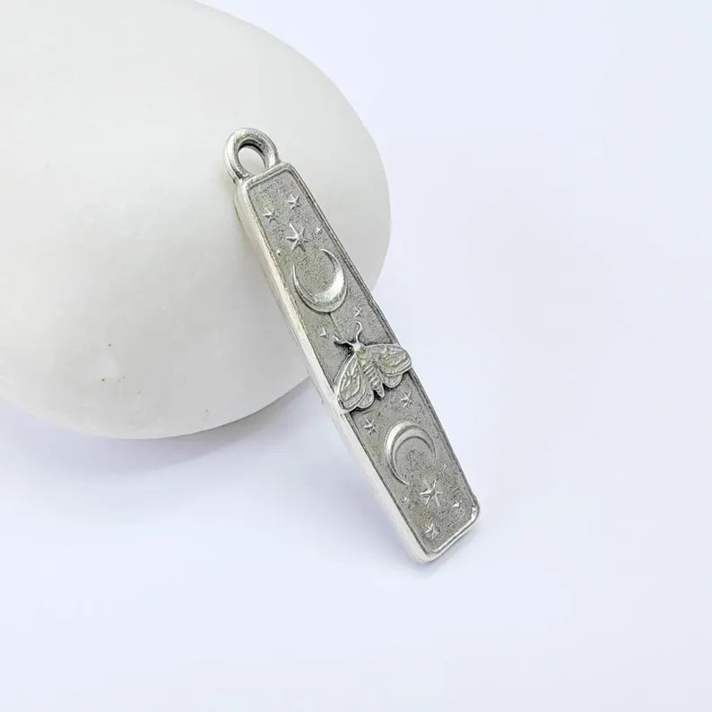 Luna Moth Charm Pendant, Double Sided Celestial Moon and Stars, 39x9mm, Antique Silver Plated G38166